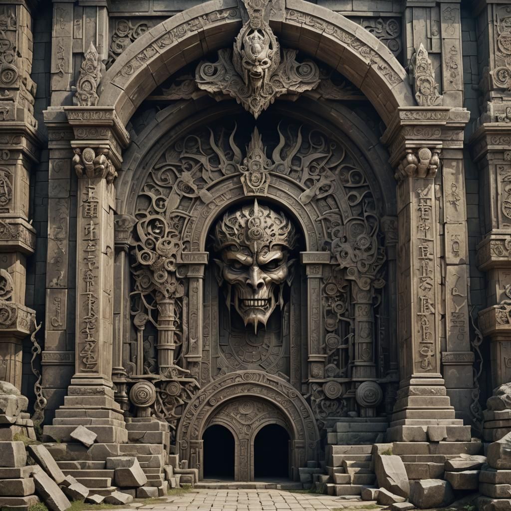 Fantasy Temple Entrance with Symbols of War