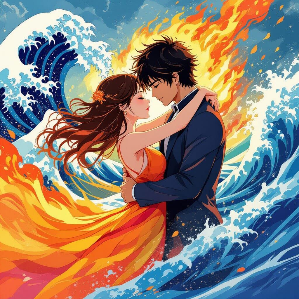 Fire and Water Lovers Embrace in Vibrant Anime Style
