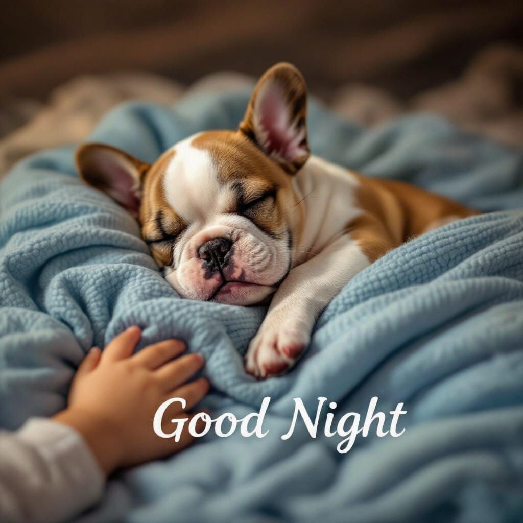 French Bulldog Puppy Sleeping with Child's Hand, Cozy Scene