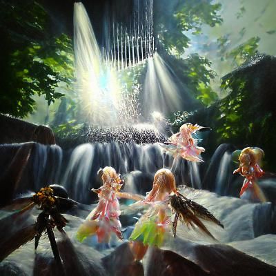 Fantasy Waterfall Oil Painting with Fairies