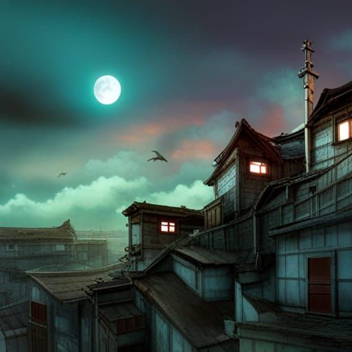 Lunar Eclipse over Ruined Village in Anime Style