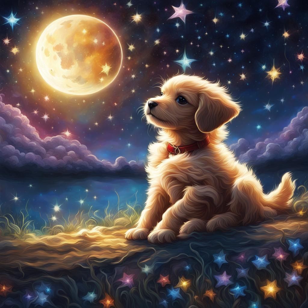 Puppy Under Jeweled Stars and Moon Illustration