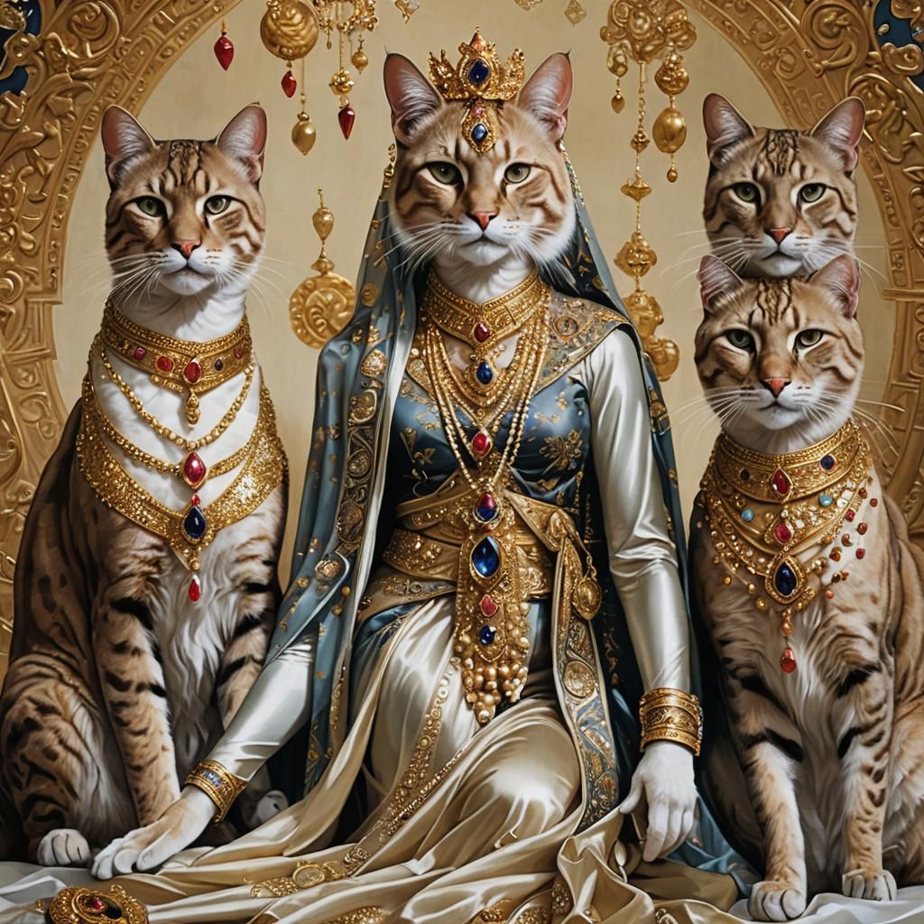 Feline Goddesses in Silk and Jewels: Digital Art