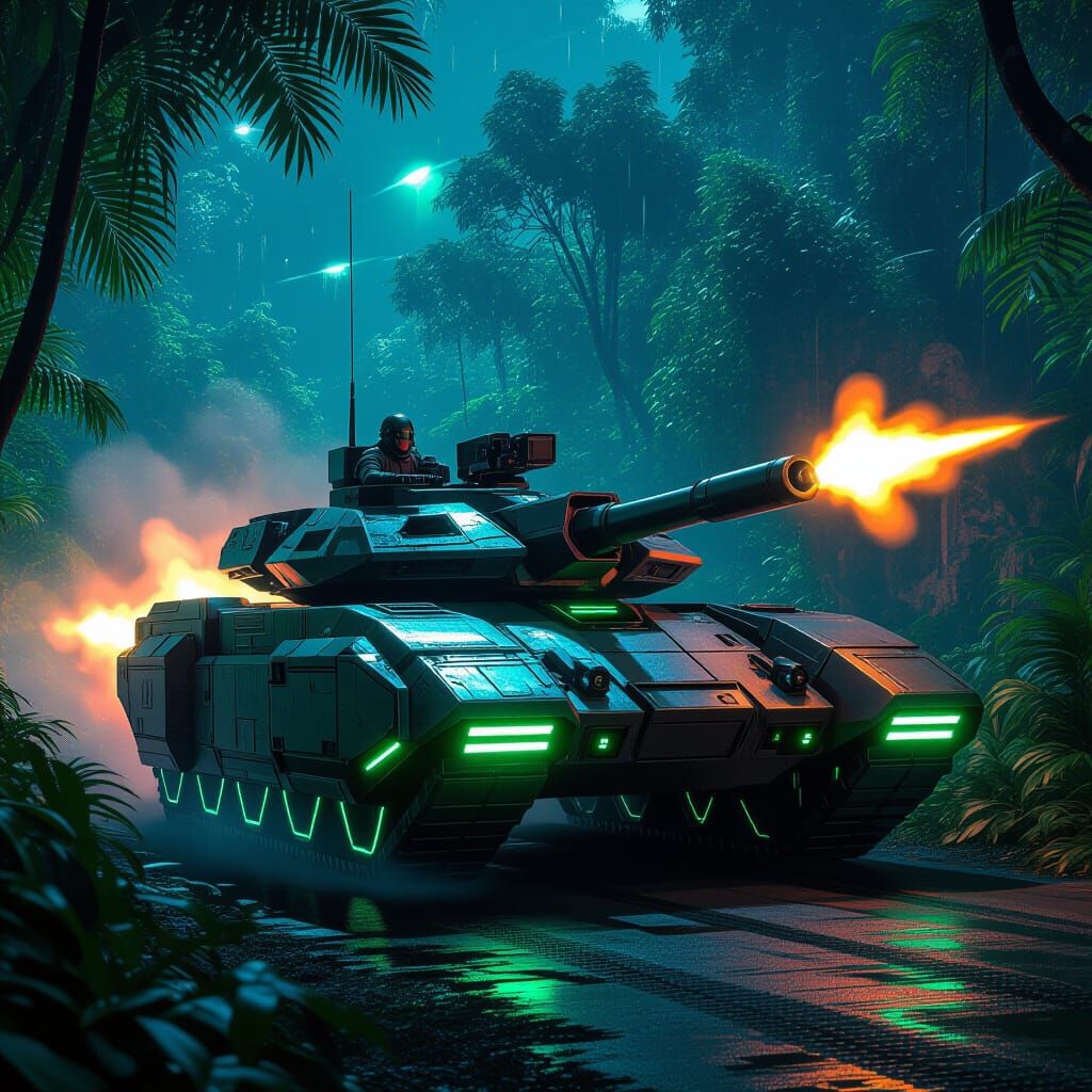 Futuristic Battle Tank Fires Guns in Neon Jungle