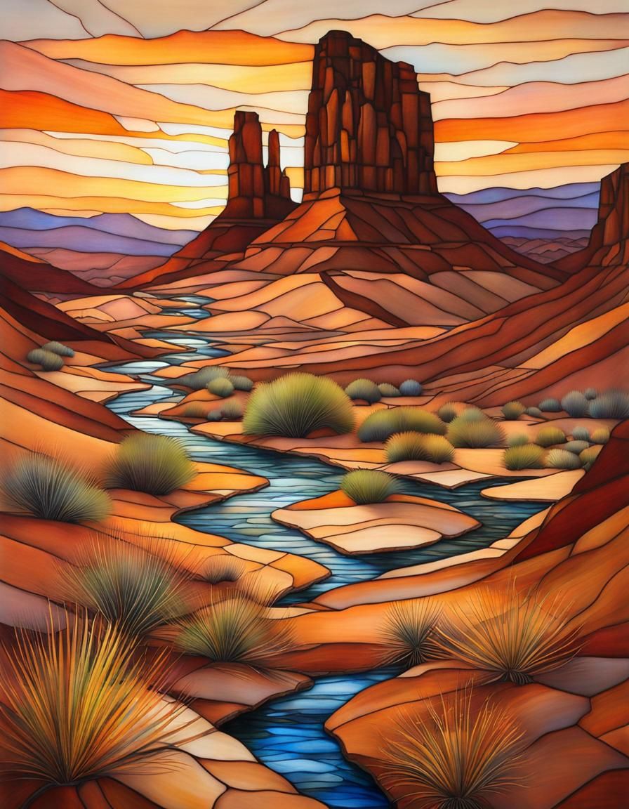 Stained Glass Desert Oasis at Sunrise