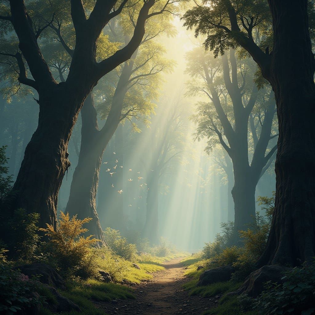 Dreamy Forest Scene with Birds in Flight