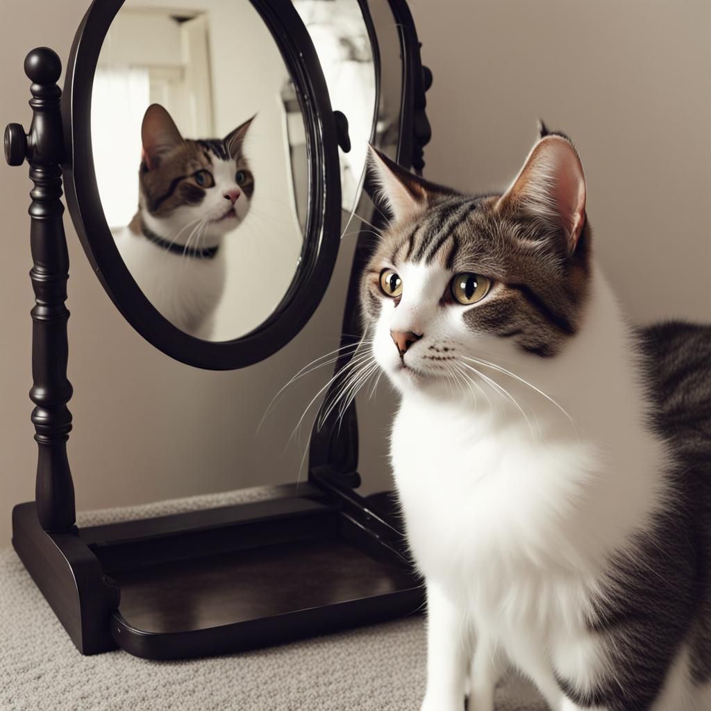 Confused Cat Stares Intently at Mirror