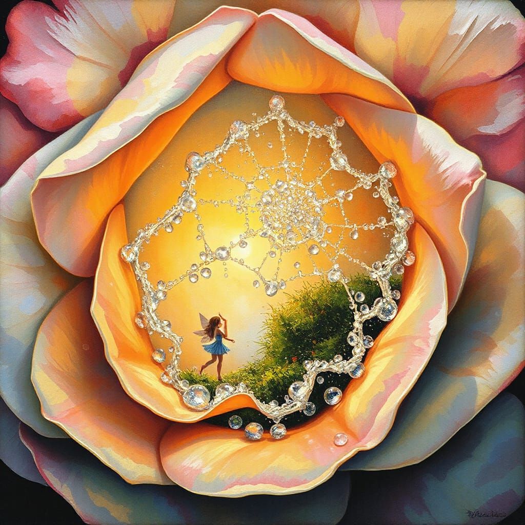 Dew-Kissed Web Inside Rose, in Gouache Style