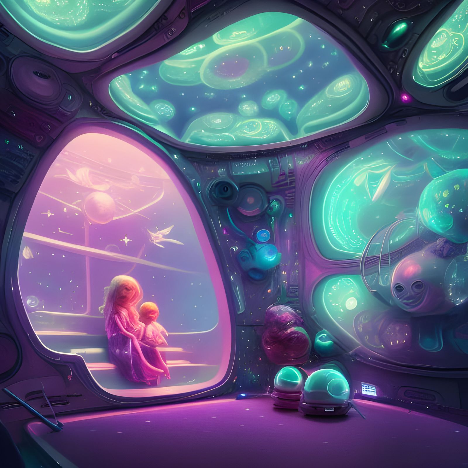 Cute Aliens in Magical Spaceship with Glowing Crystals