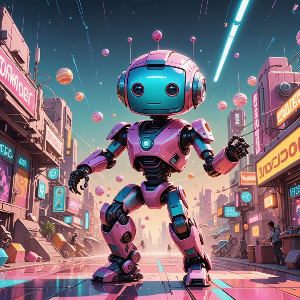 Vibrant Robot Dances in Whimsical, Futuristic Landscape