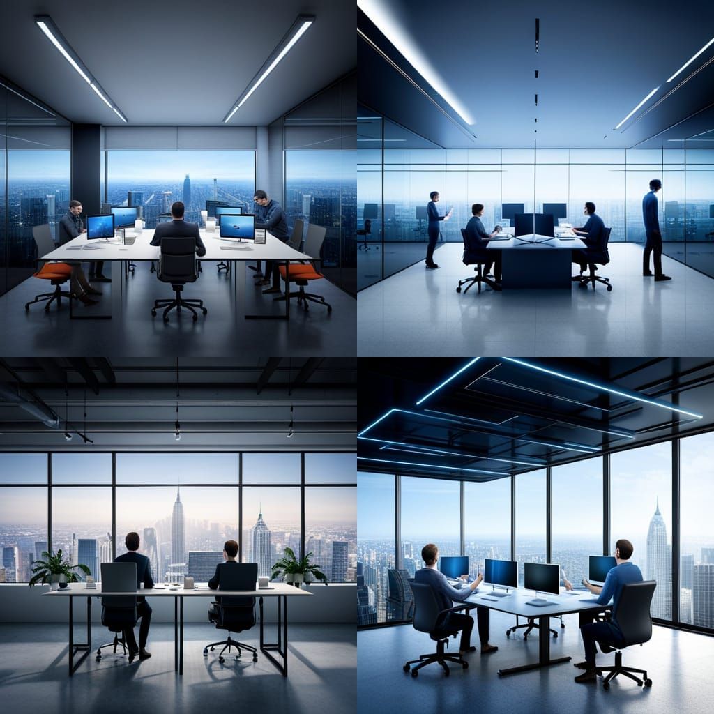 Futuristic AI Collaboration in Neon-Lit Office