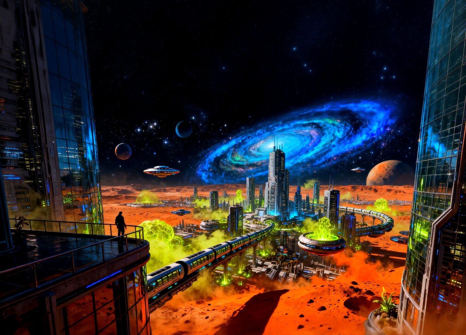 Futuristic Mars City View From Skyscraper Balcony