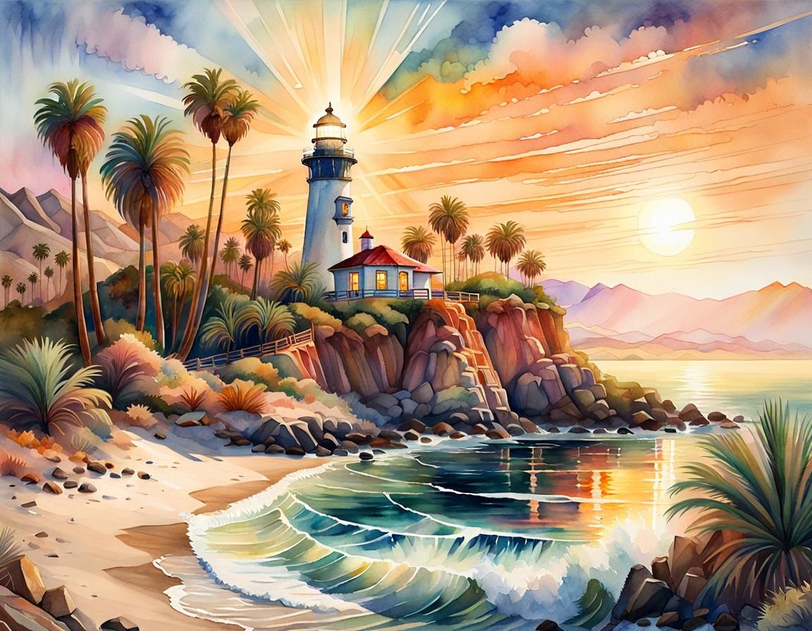 California Lighthouse in Watercolor at Golden Hour