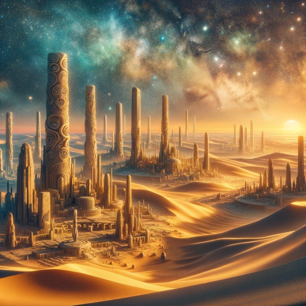 Ancient Alien City with Stone Monuments and Aurora