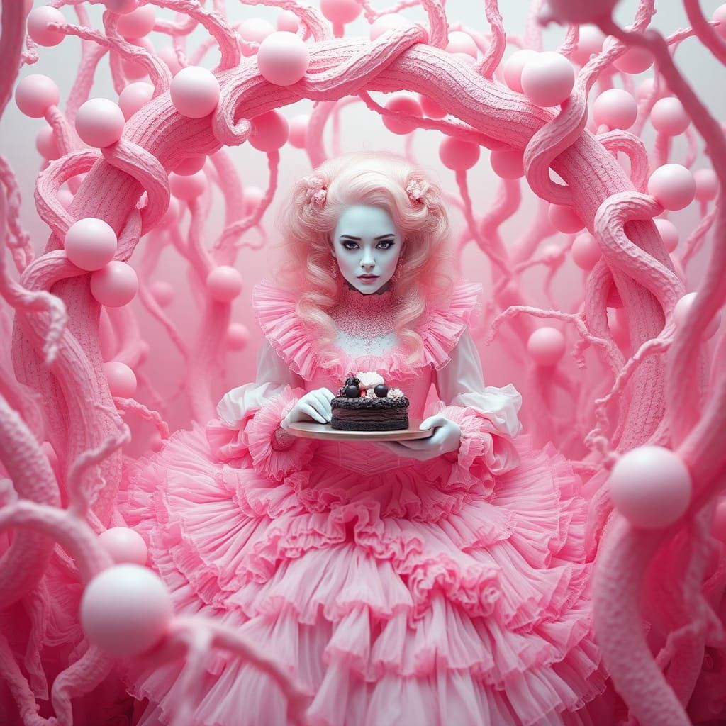 Eerie Porcelain Figure in Pink Surrealist Scene