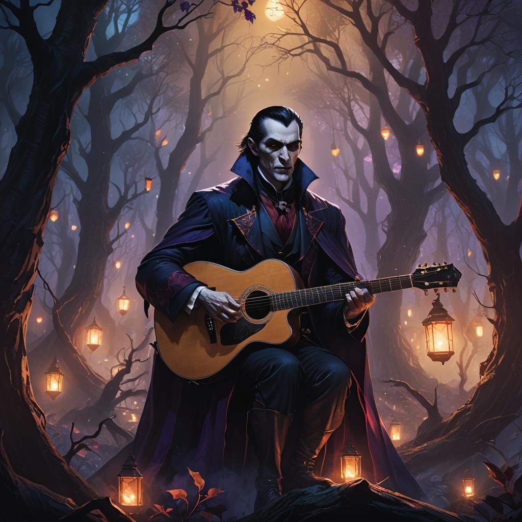 Dracula Plays Guitar in Mystical Forest, Dark Fantasy Art