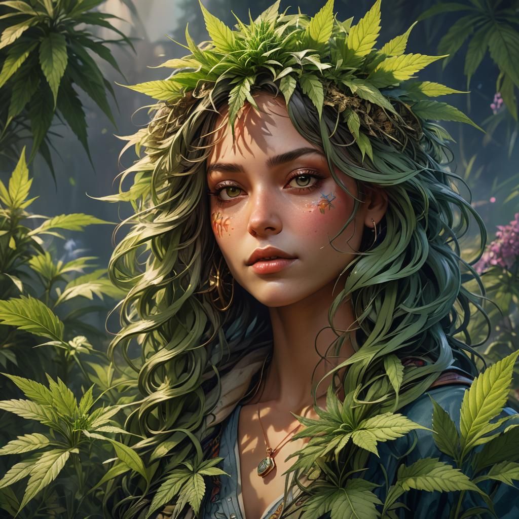 Marijuana Portrait in Hyperdetailed Art Nouveau Style
