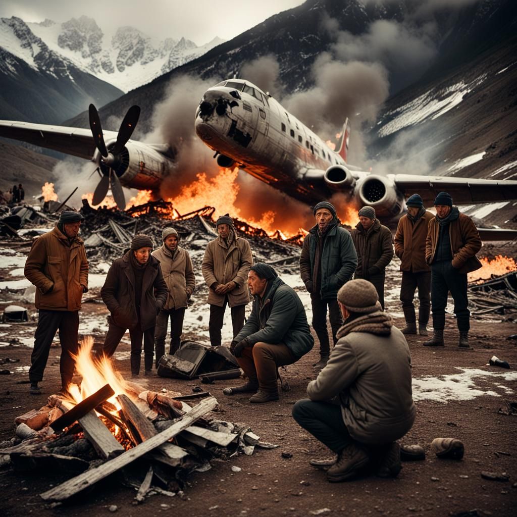 Survivors of Plane Crash Huddle Around Flickering Fire in Ar...