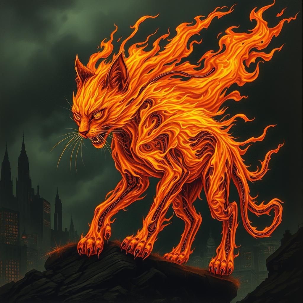 Fiery Feline: Biomechanical Flames in Dystopian Landscape
