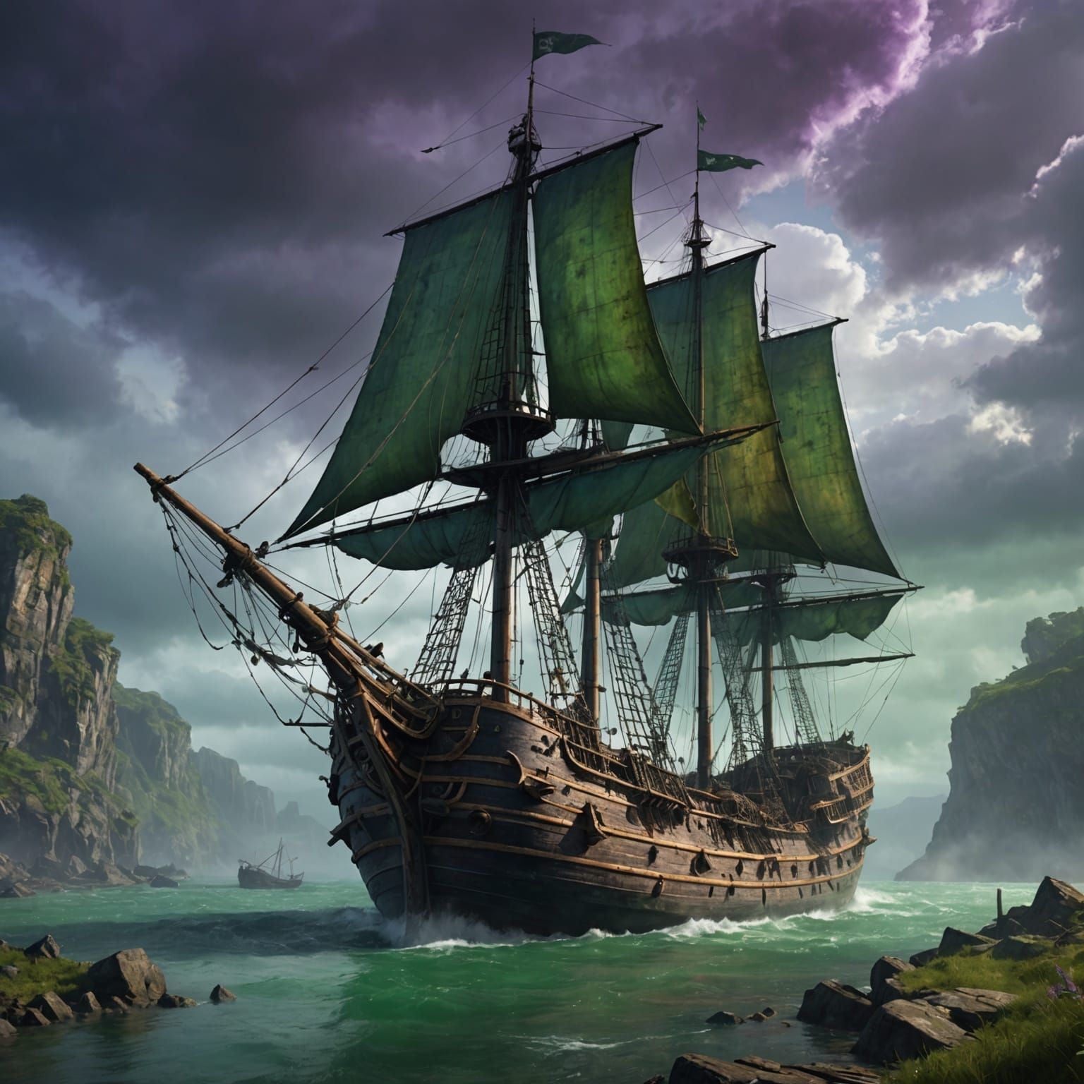 Ominous Sailing Ship in Green Mist: Dark Fantasy Art
