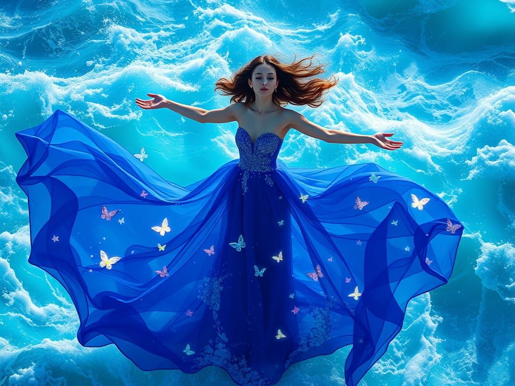 Sapphire Woman Merges with Ocean in Cinematic Style