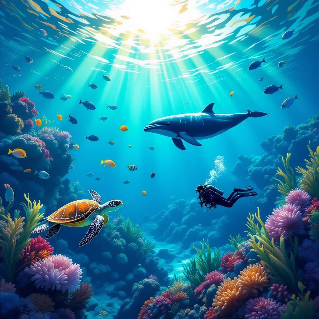 Luminous Coral Reef Scene with Shimmering Sunlight