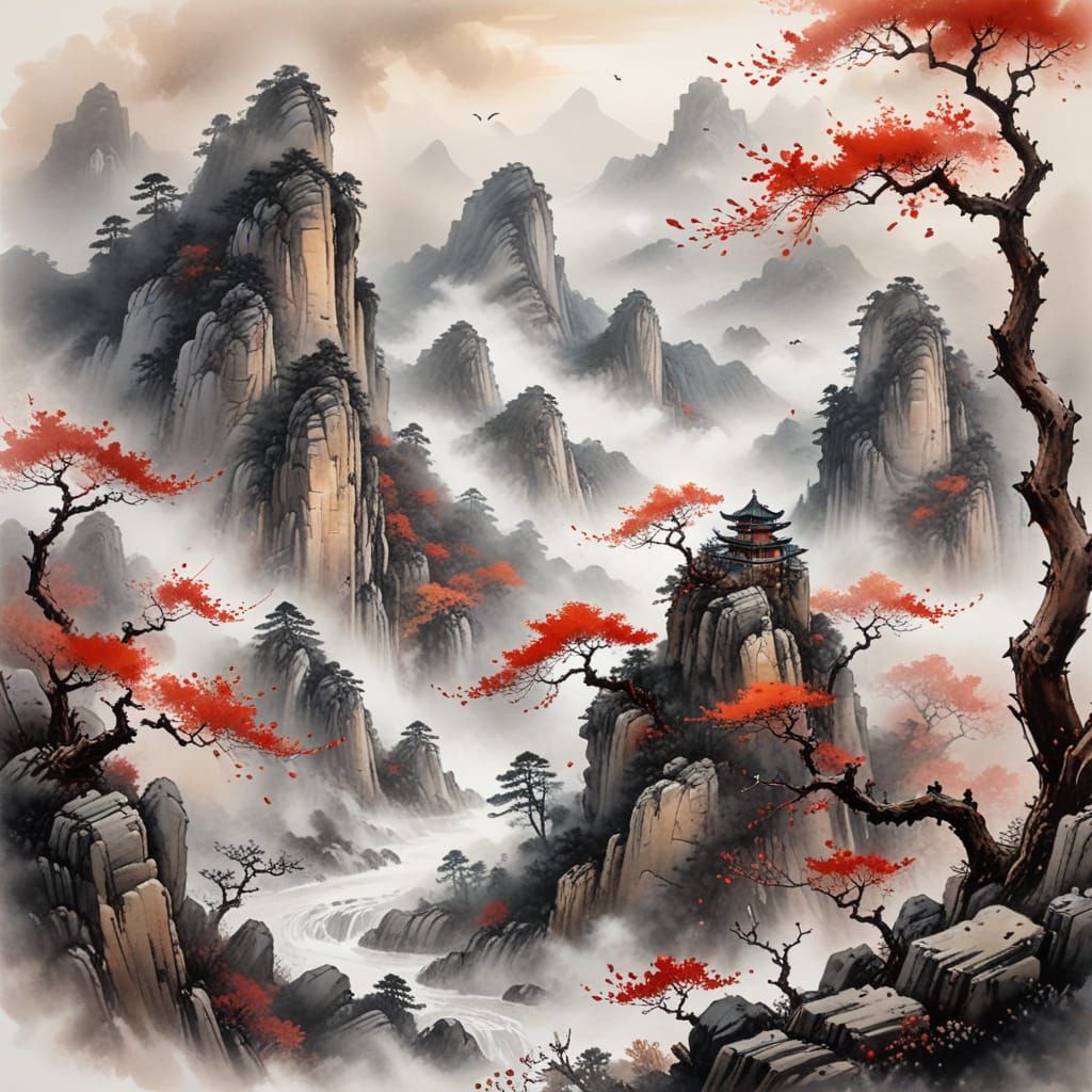 Misty Mountains: Chinese Ink Wash Landscape with Autumn Colo...