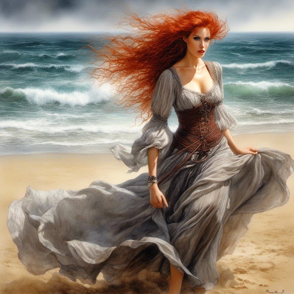 Redhead on Windy Beach, Fantasy Art Portrait