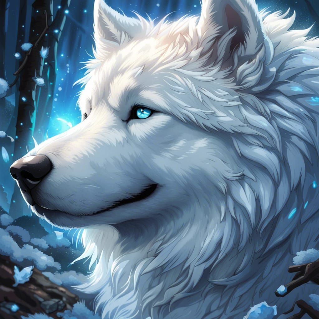 Beautiful White Malamute Dog in Anime Style