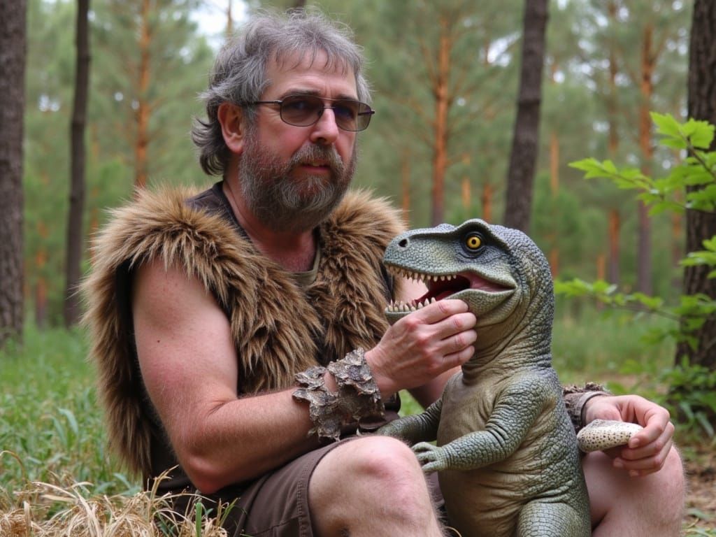 Caveman and Dinosaur Friend in Prehistoric Wonderland