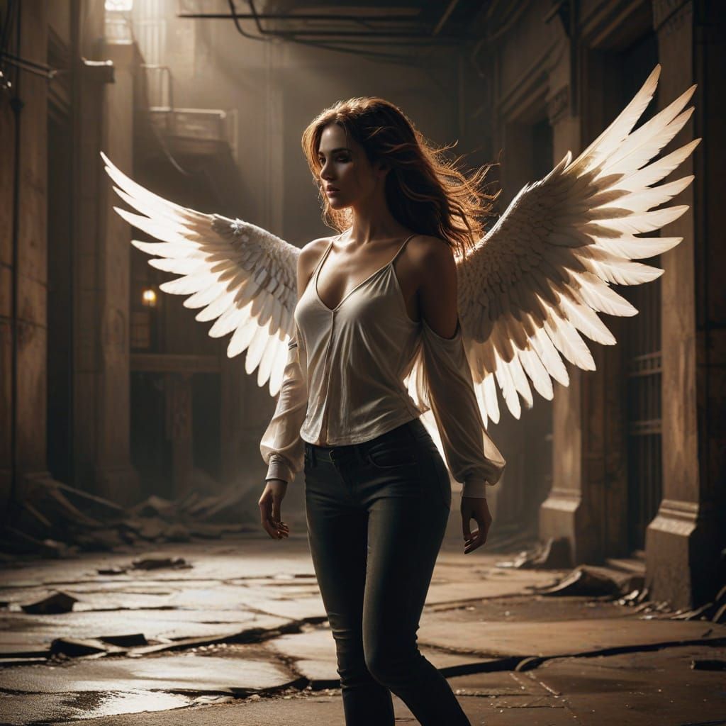 Surreal Female Figure with Contrasting Wings in Darkened Urb...