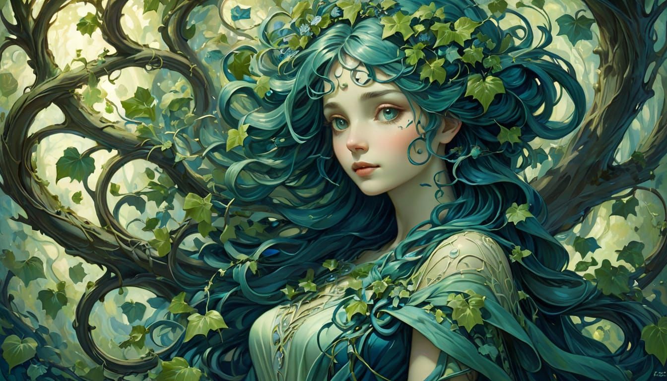 Whimsical Art Nouveau Oak Tree in Golden Light