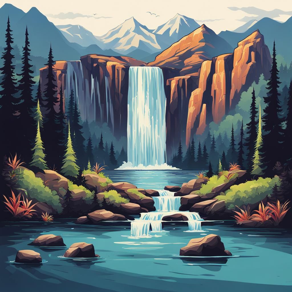 Majestic Waterfall and Mountain Landscape