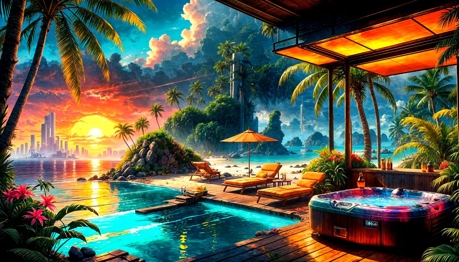 Lush Tropical Island Hot Tub with Sunset Views