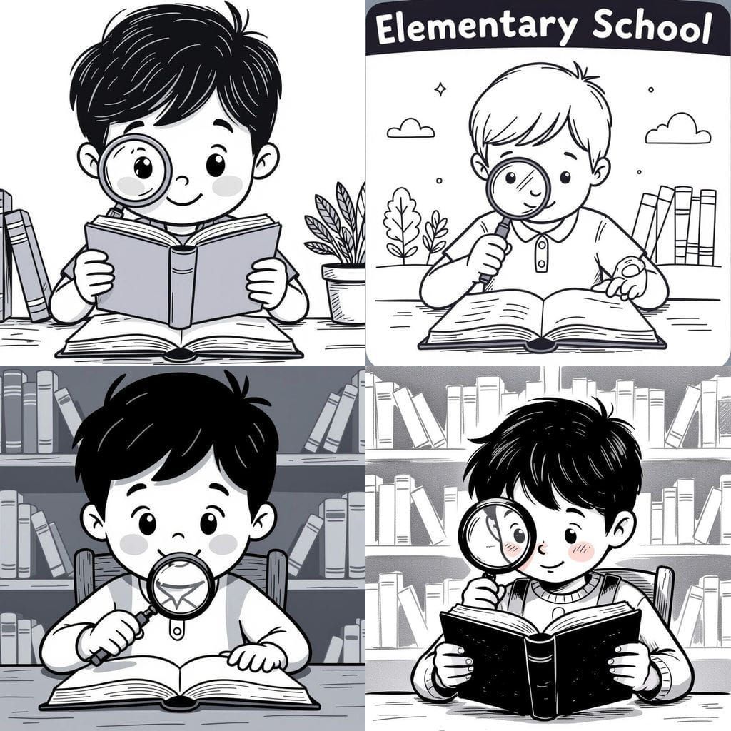 Child Reading Book with Magnifying Glass Illustration