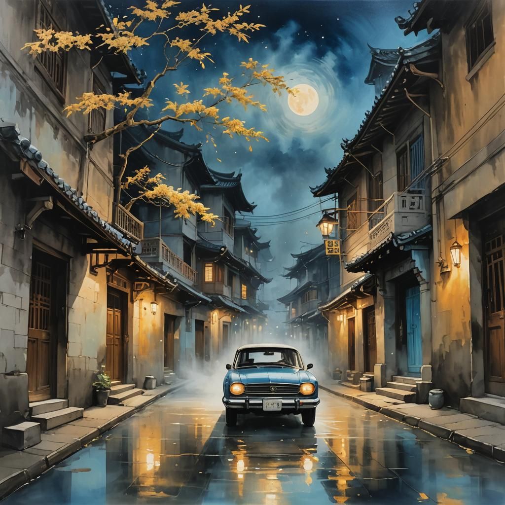 Car Enters Moonlit Alley in East Asian Style