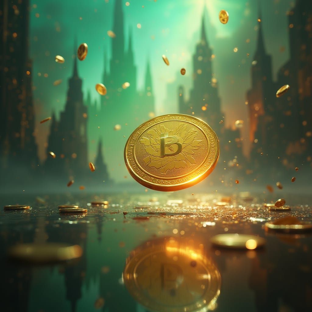 Gleaming Gold Coin in Mid-Flip, Surrounded by Vibrant Colors...