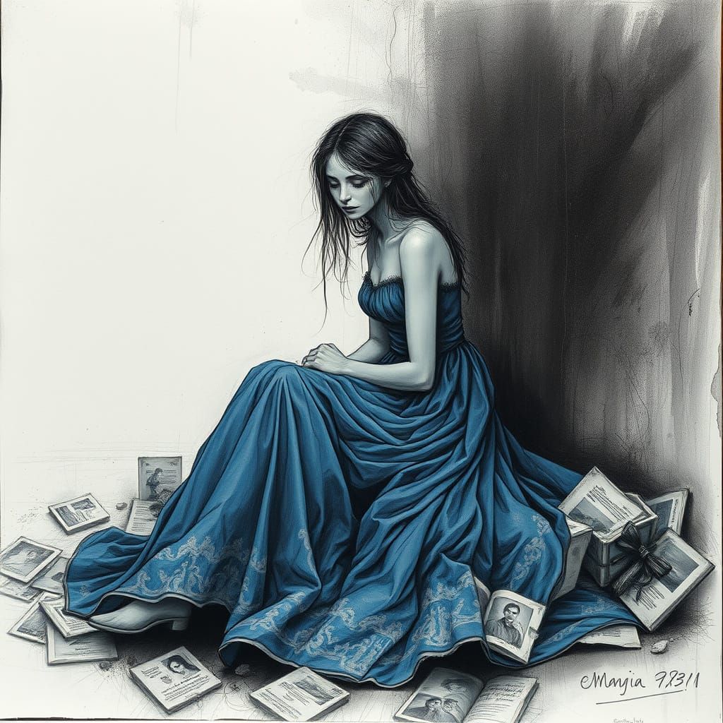 Melancholic Woman in Blue Gown: Charcoal Drawing