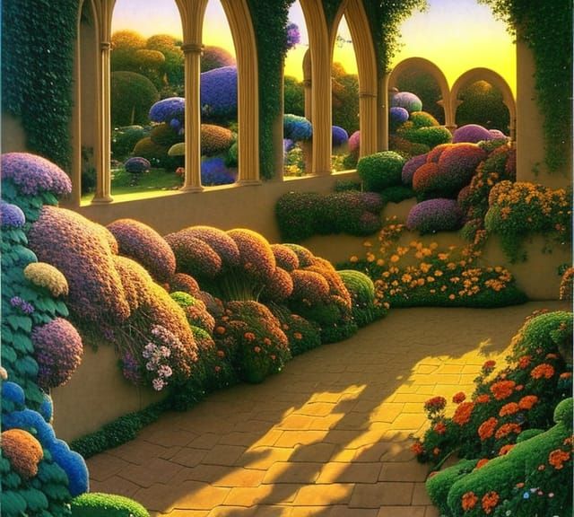 Sunrise Garden with Gothic Archways, Art Nouveau Style