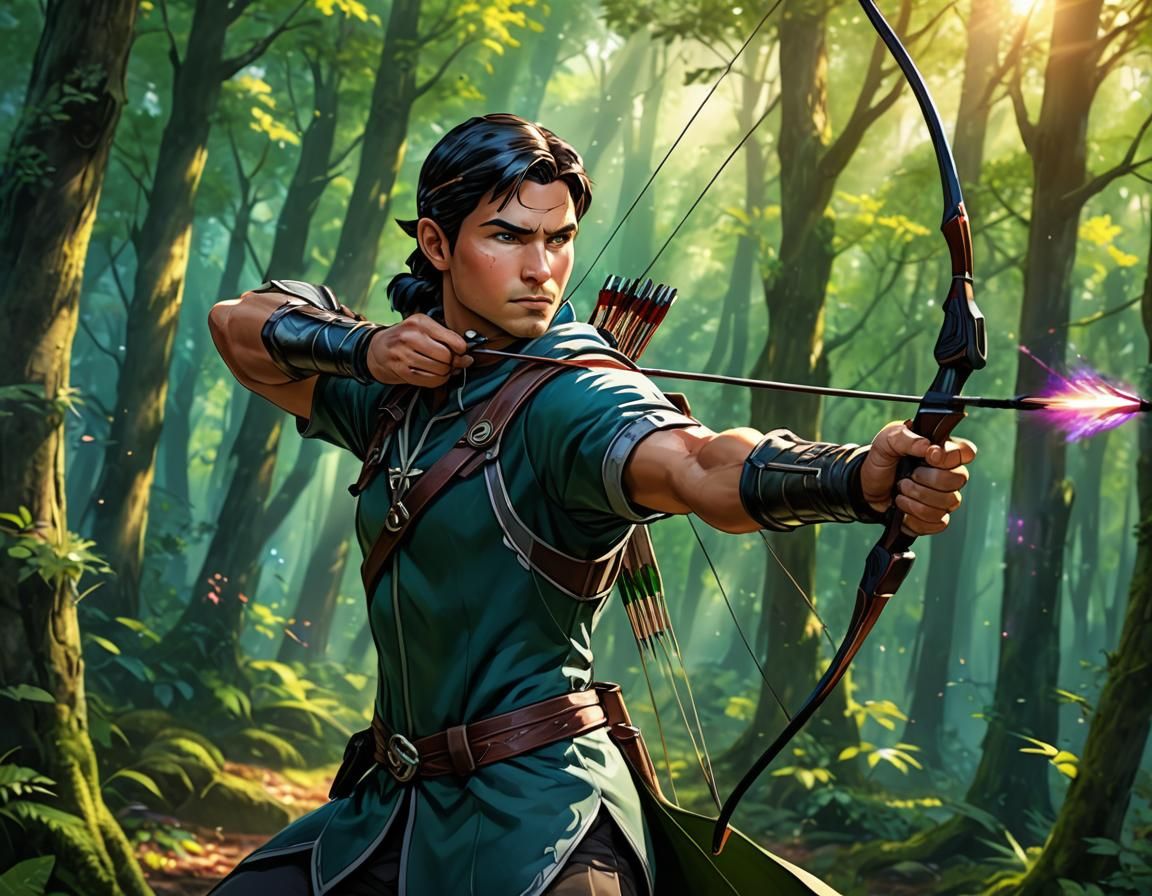 Anime Archer in Mystical Forest, Dramatic Lighting