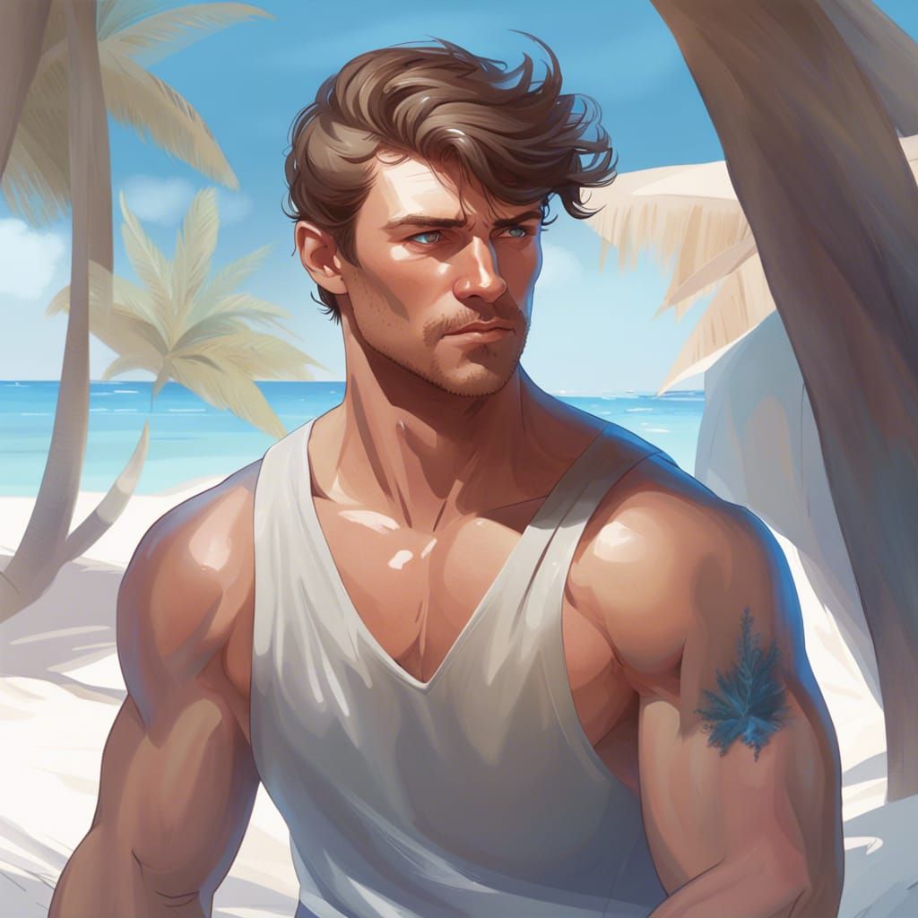 Muscular Man Relaxing on Tropical Beach, Digital Art