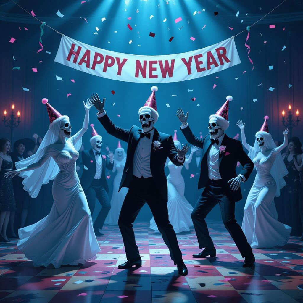 Spectral New Year's Eve Party with Dancing Skeletons