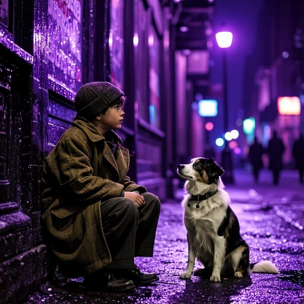 Homeless Boy and Dog in 1930s New York Street