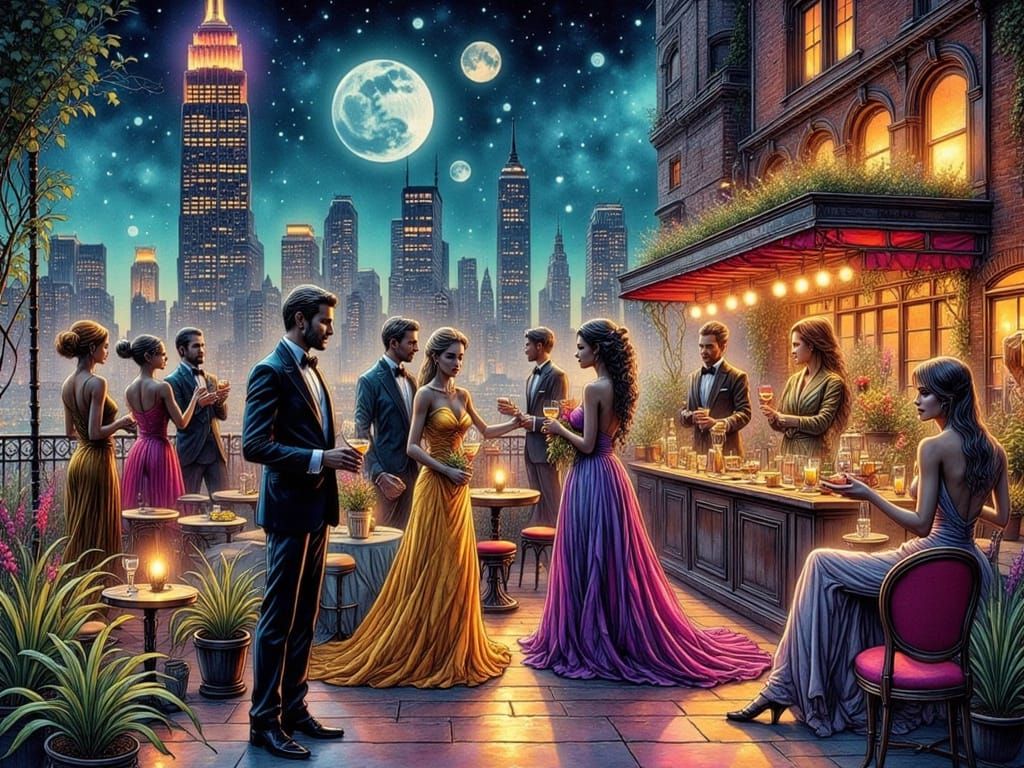 Elegant Intergalactic Cocktail Party in Ink Style