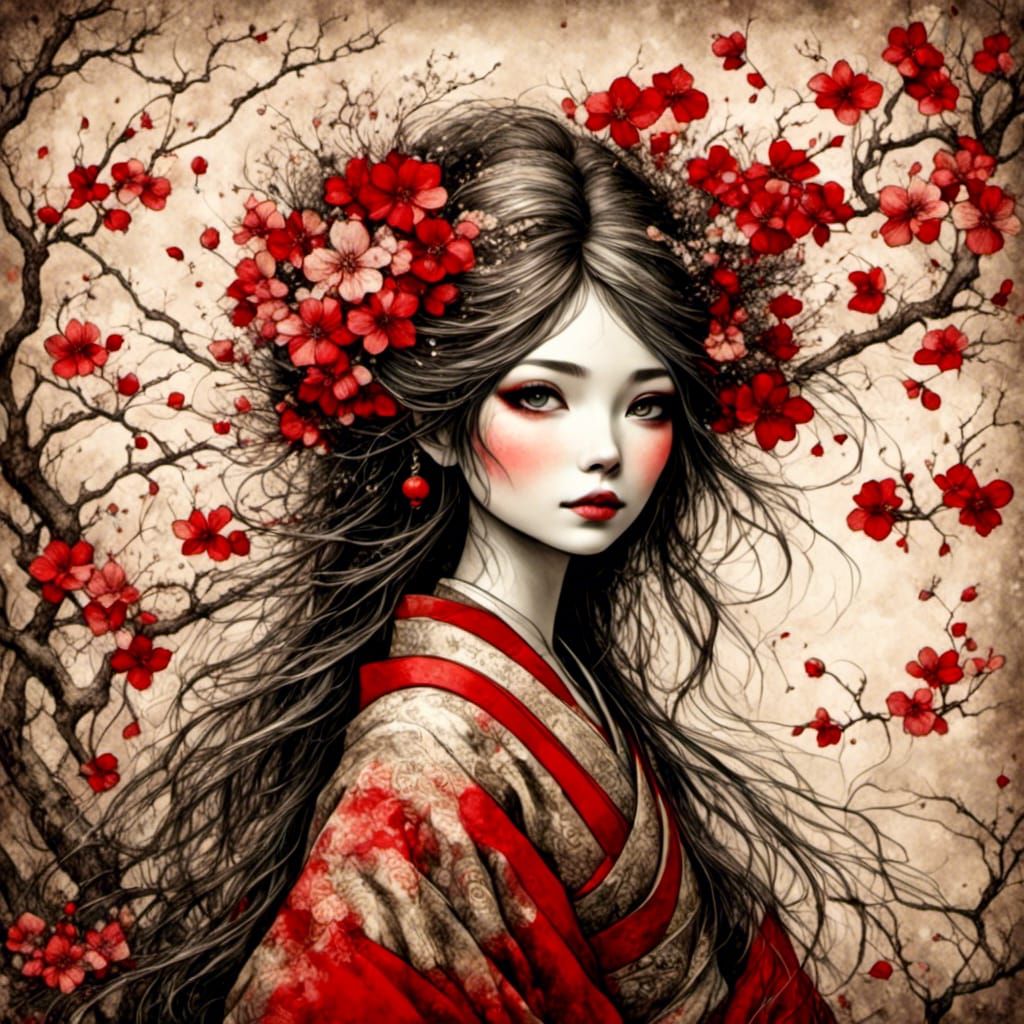 Geisha in Cherry Blossoms with Abstract Elements