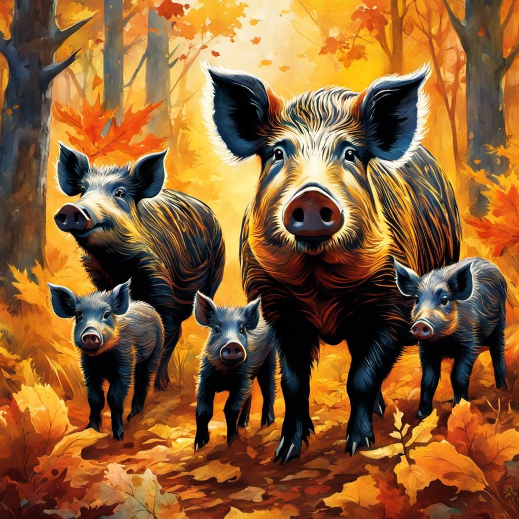 Wild boar mother with piglets