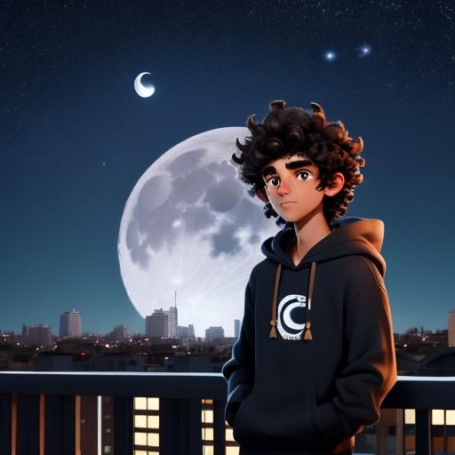 Teenager Gazing at Moon on Rooftop at Night