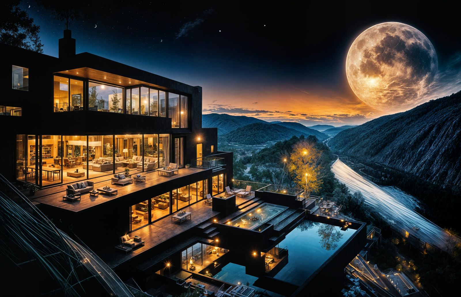 Modern Home Terrace Overlooking Moonlit River Valley