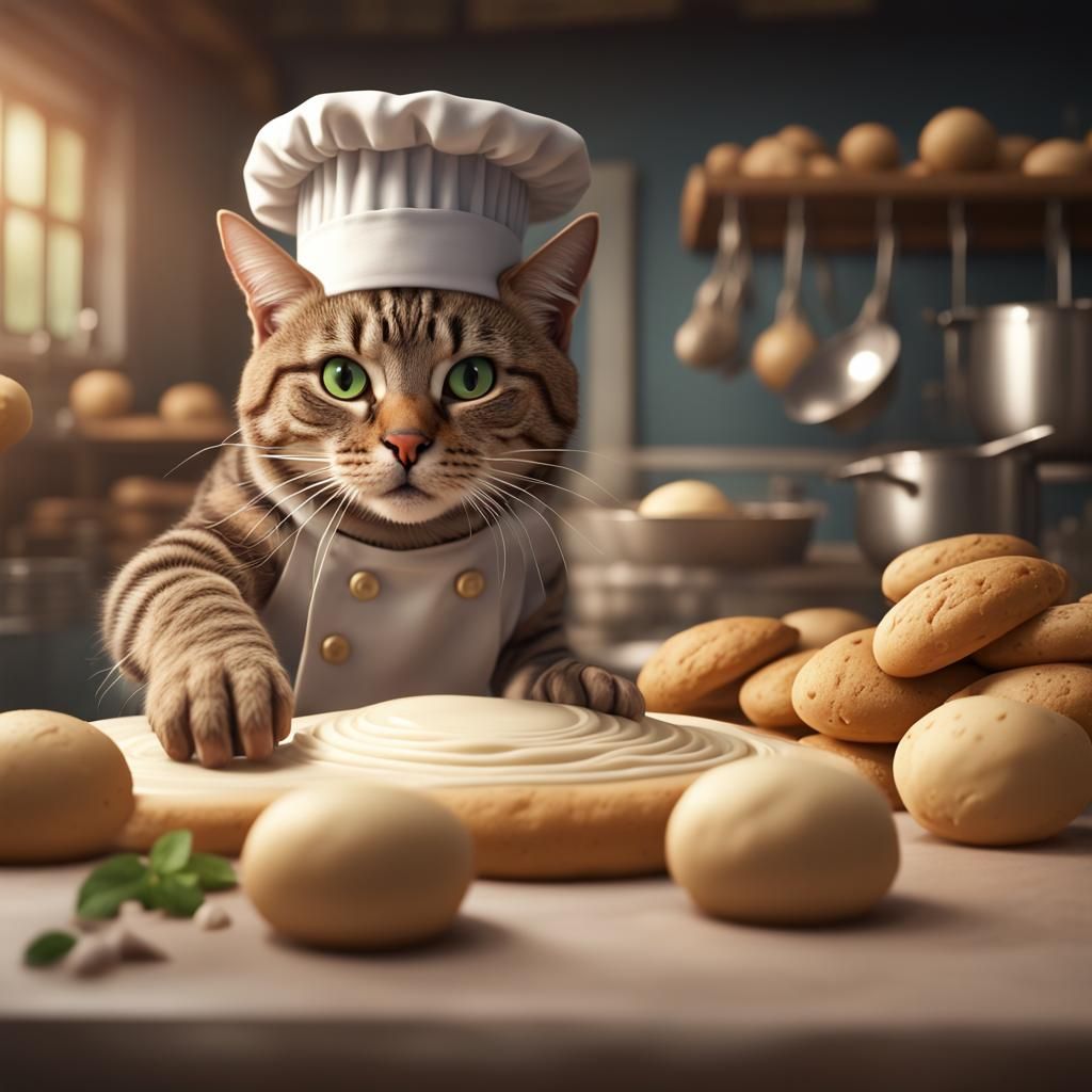 Tabby Cat Chef Rolls Dough: Detailed Matte Painting