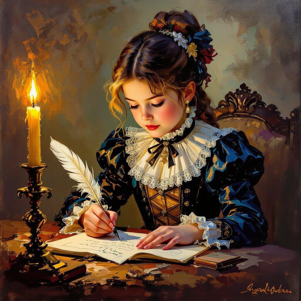 Victorian Girl Writing by Candlelight as Impasto Painting